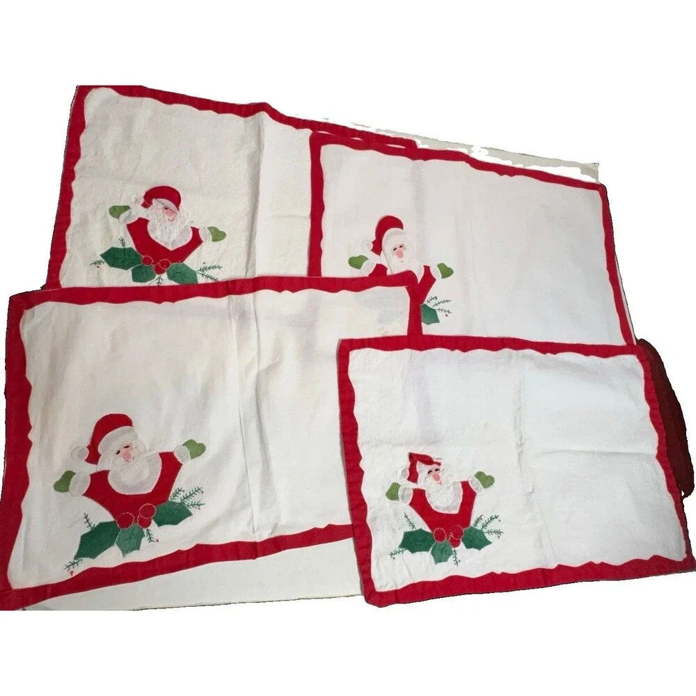 Set of 4 Handmade Christmas Santa Applique Placemats Vintage Holiday Decor